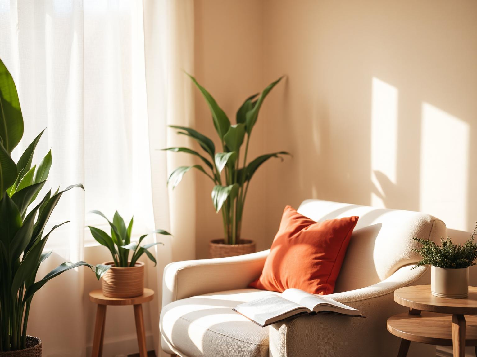 Espaço acolhedor de terapia com poltrona clara, almofada terracota e plantas